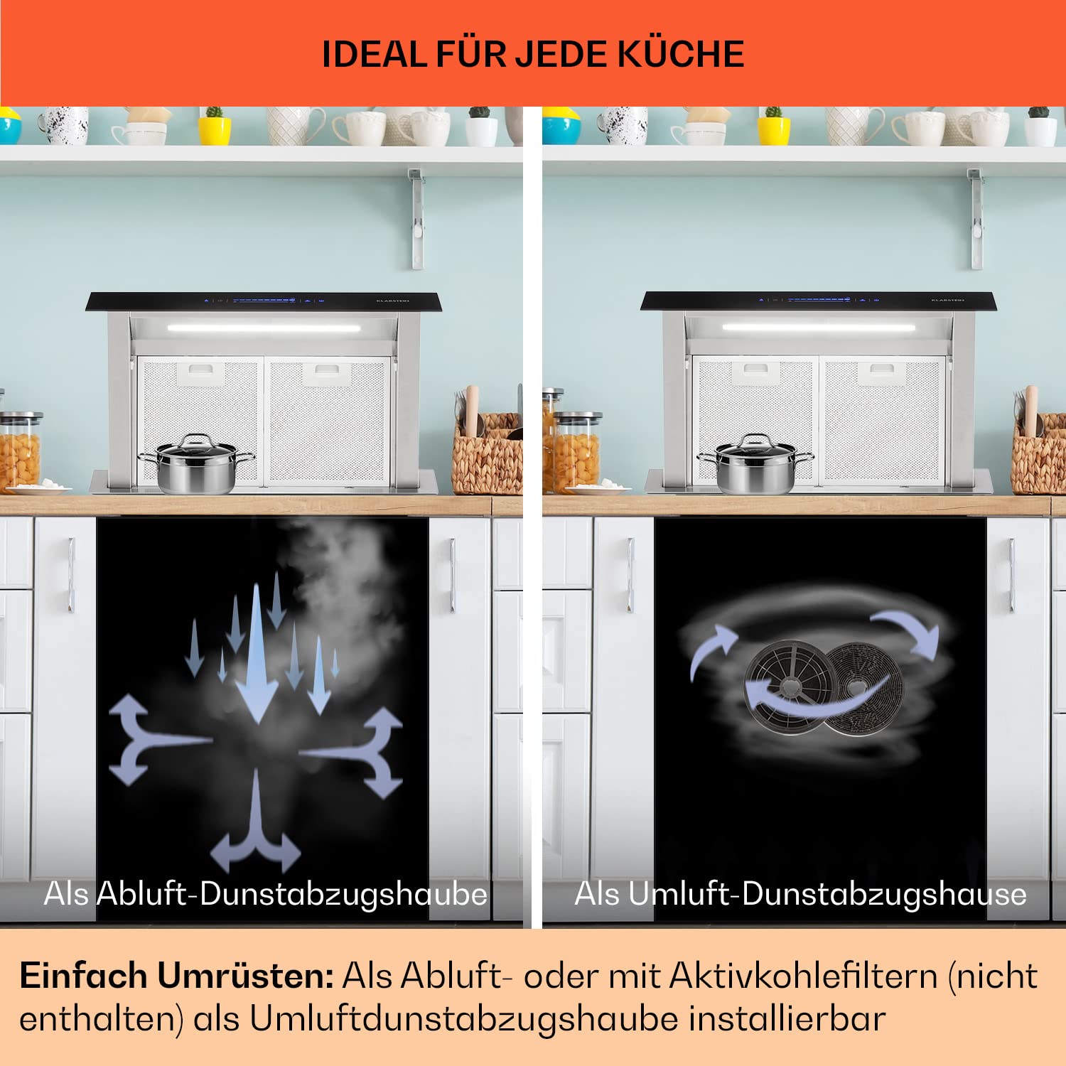 Klarstein Royal Flush Eco Dunstabzugshaube 60 cm - A++ Energieeffizienz, 576 M³/H Abluft, Touch-To-Slide Bedienfeld, Led-Beleuchtung, Edelstahl & Glas Design, Geräuscharm 51 dB
