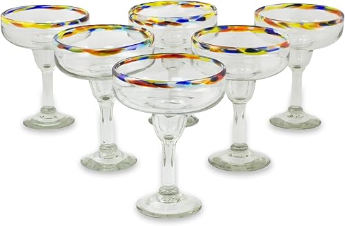 NOVICA Vajilla artesanal hecha a mano con diseño de Margarita de cristal soplado multicolor México con texto en inglés "Confetti Path" (juego de 6)