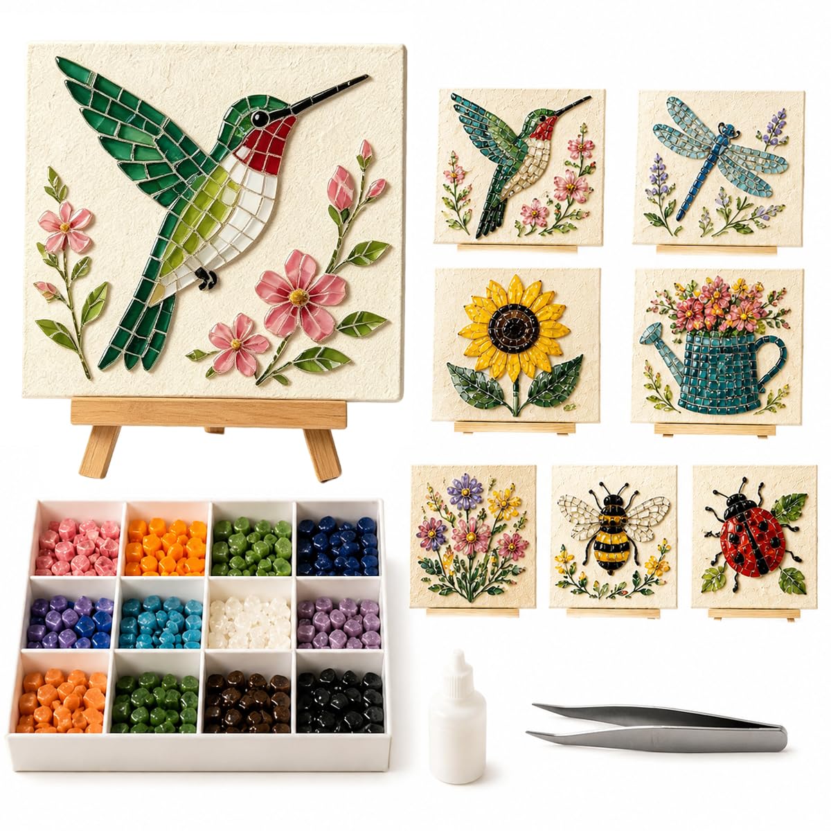 Cottage Garden Mosaic DIY Kit, 8 Flora and Fauna Theme Sea Glass Art Kit (#C) — image 1