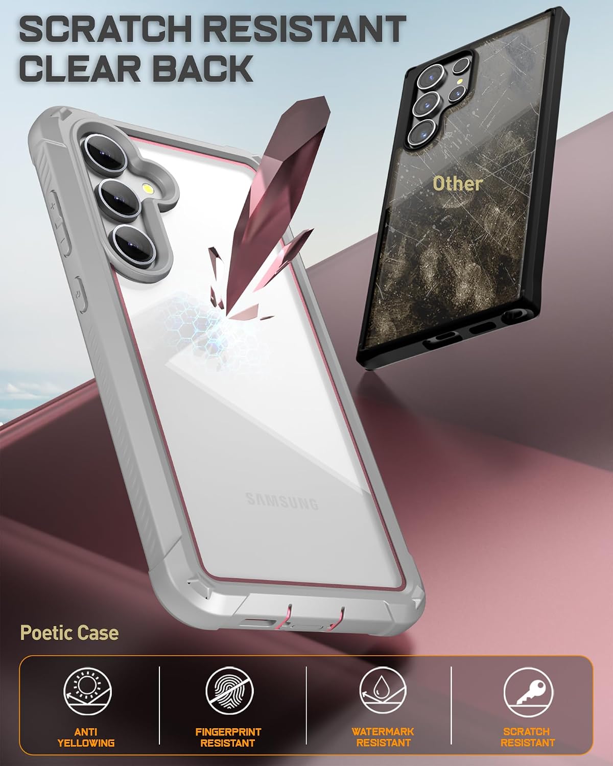 Poetic Guardian Case for Samsung Galaxy S24 FE 5G [20 FT Mil-Grade Drop Tested], Built-in Screen Protector [Work with Fingerprint ID], Full-Body Rugged Shockproof Protective Cover Case, Pink/Clear