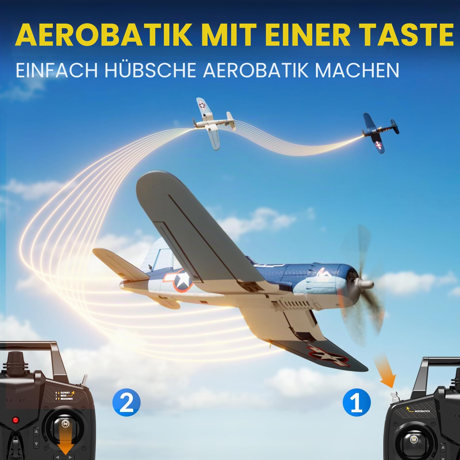 VOLANTEXR F4U Corsair RTF Bürstenloses 4-K RC Flugzeug - 500 mm RC Flugzeug mit 6-Achsen-Gyro, 3 Flugmodi (Anfänger/Kunstflug), 2,4 GHz Ferngesteuertes Flugzeug für Erwachsene & Anfänger, Komplett