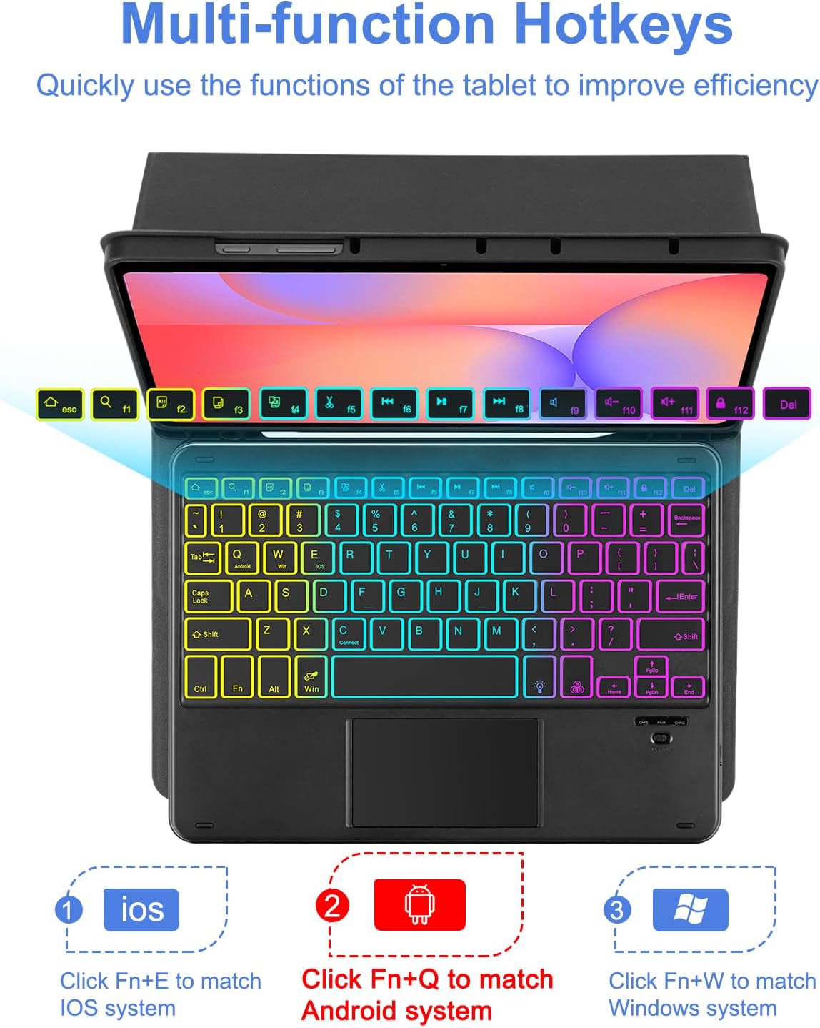 MePadKey Touchpad Keyboard Case for Samsung Galaxy Tab S10 Lite/S10 FE/S9 FE 10.9 inch /S9 11" 2025/2023 Tablet, Rainbow Backlight Type-C Charging TrackPad Keyboard with Pencil Holder (Black)