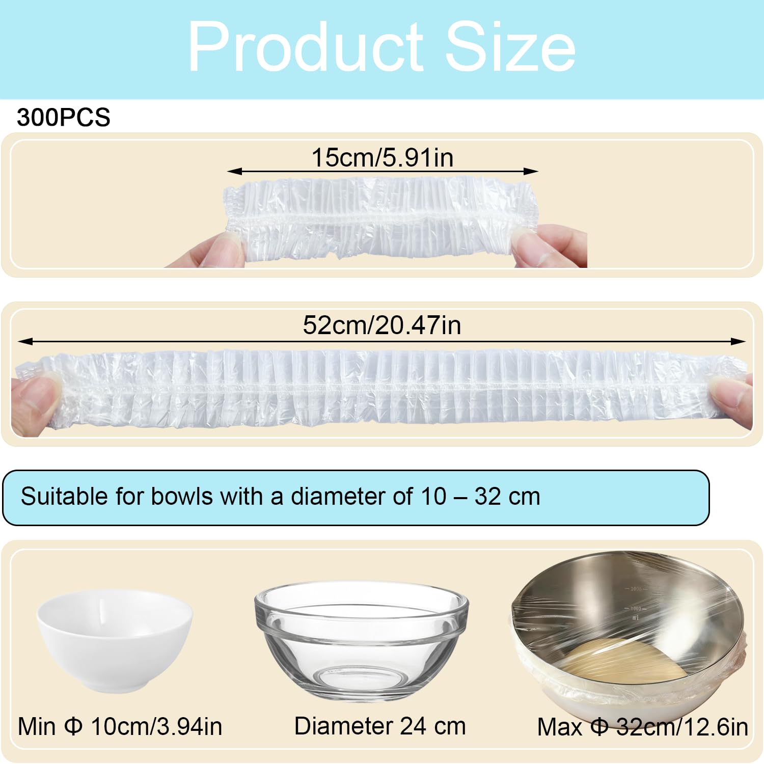 300 film transparente con elástico, cubiertas elásticas para masa, bolsas reutilizables de plástico, bolsas sellables para fermentación de masa, gorro de ducha (L-blanco)