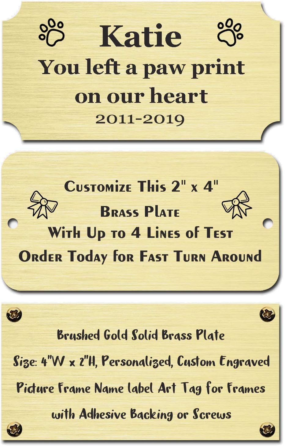 NEMOCI Size: 4" W x 2" H, Personalized, Custom Engraved, Brushed Gold Solid Brass Plate Picture Frame Name Label Art Tag for Frames, with Adhesive Backing or Screws - Indoor use only