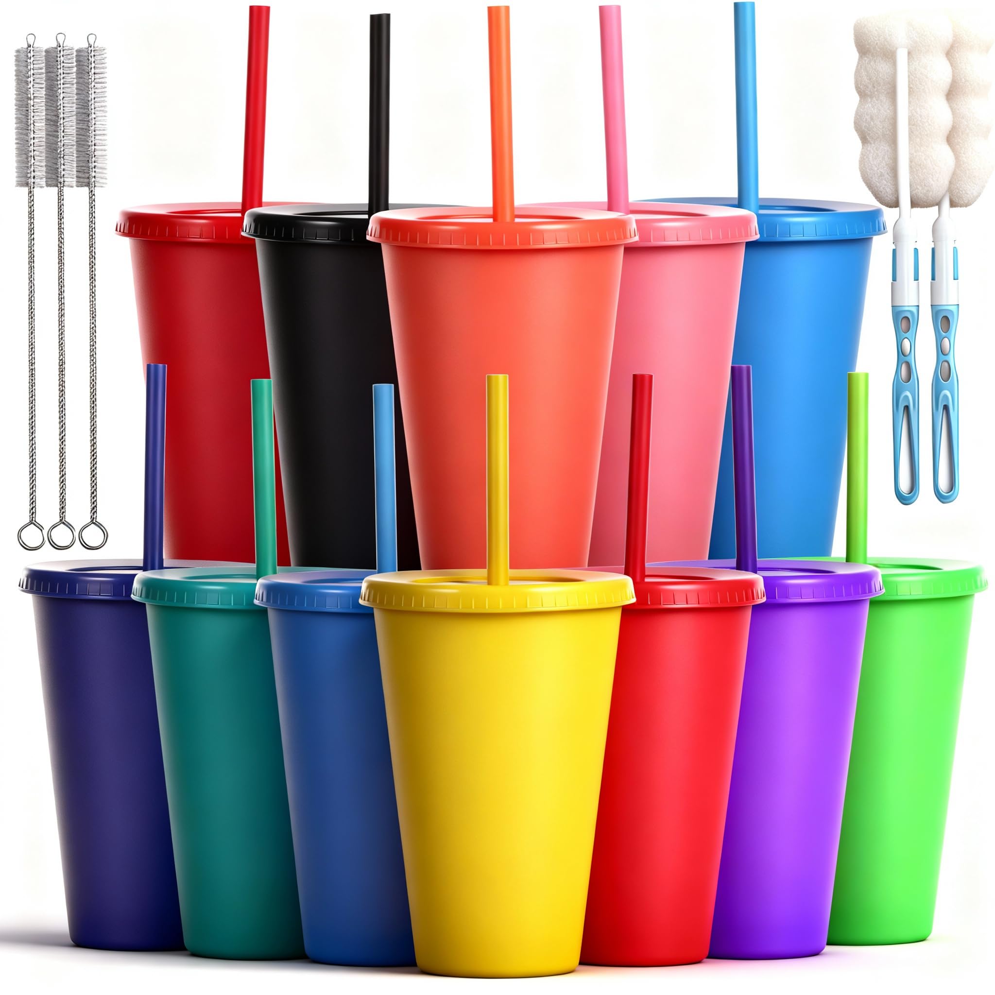 CuppaLifes Reusable Plastic Cups with Lids and Straws, 12 Pack 475ml BPA-Free Travel Cups, for Iced Coffee, Cold Drinks, Parties, Picnics, BBQs & Everyday Tumblers (12, Rainbow)