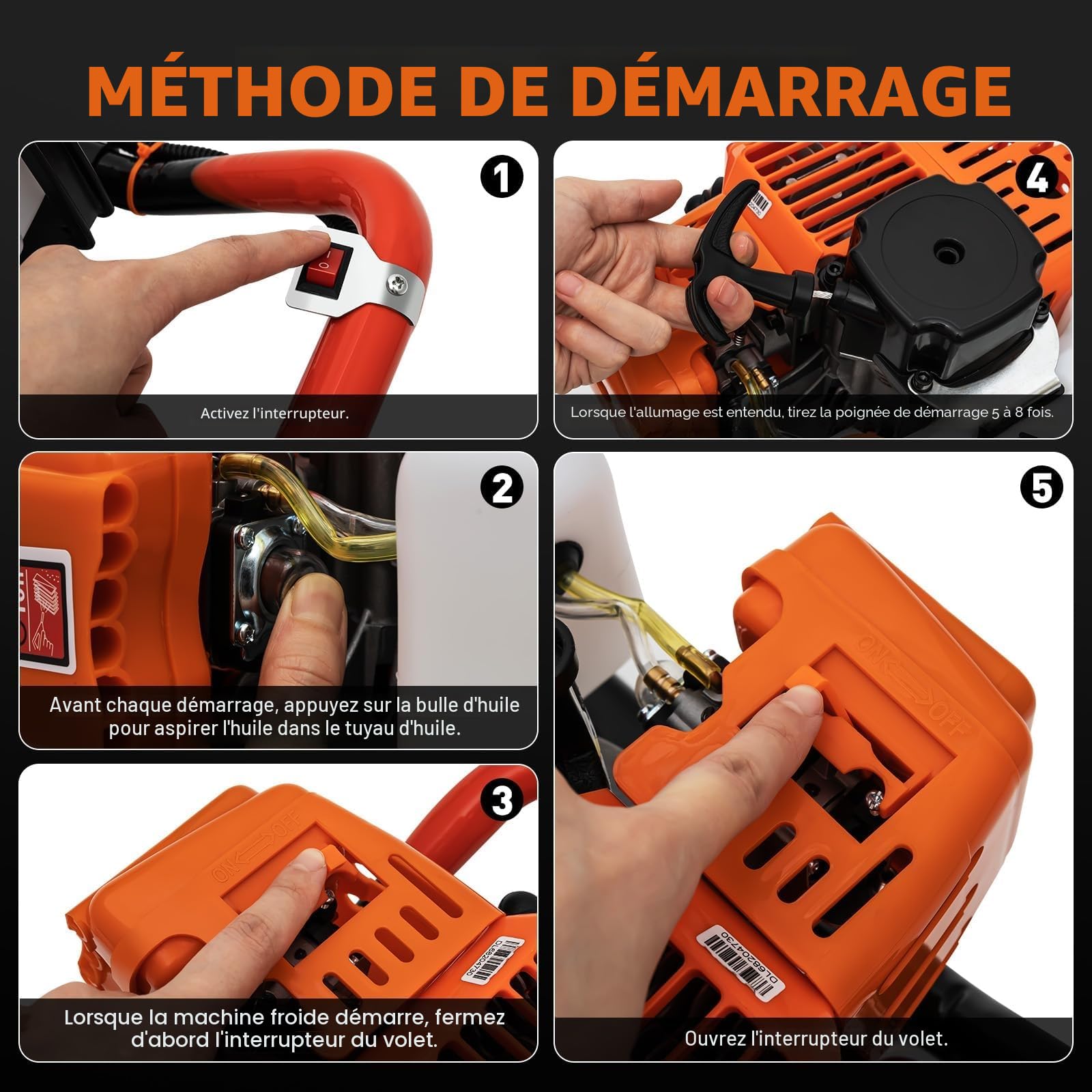 Tarière à essence 52 cc avec 3 forets (100/150/200 mm) | Profondeur de perçage 1,98 CV & 108 cm | Économie de carburant 600 g/kWh + amortissement des vibrations | Avec rallonge et kit d'accessoires