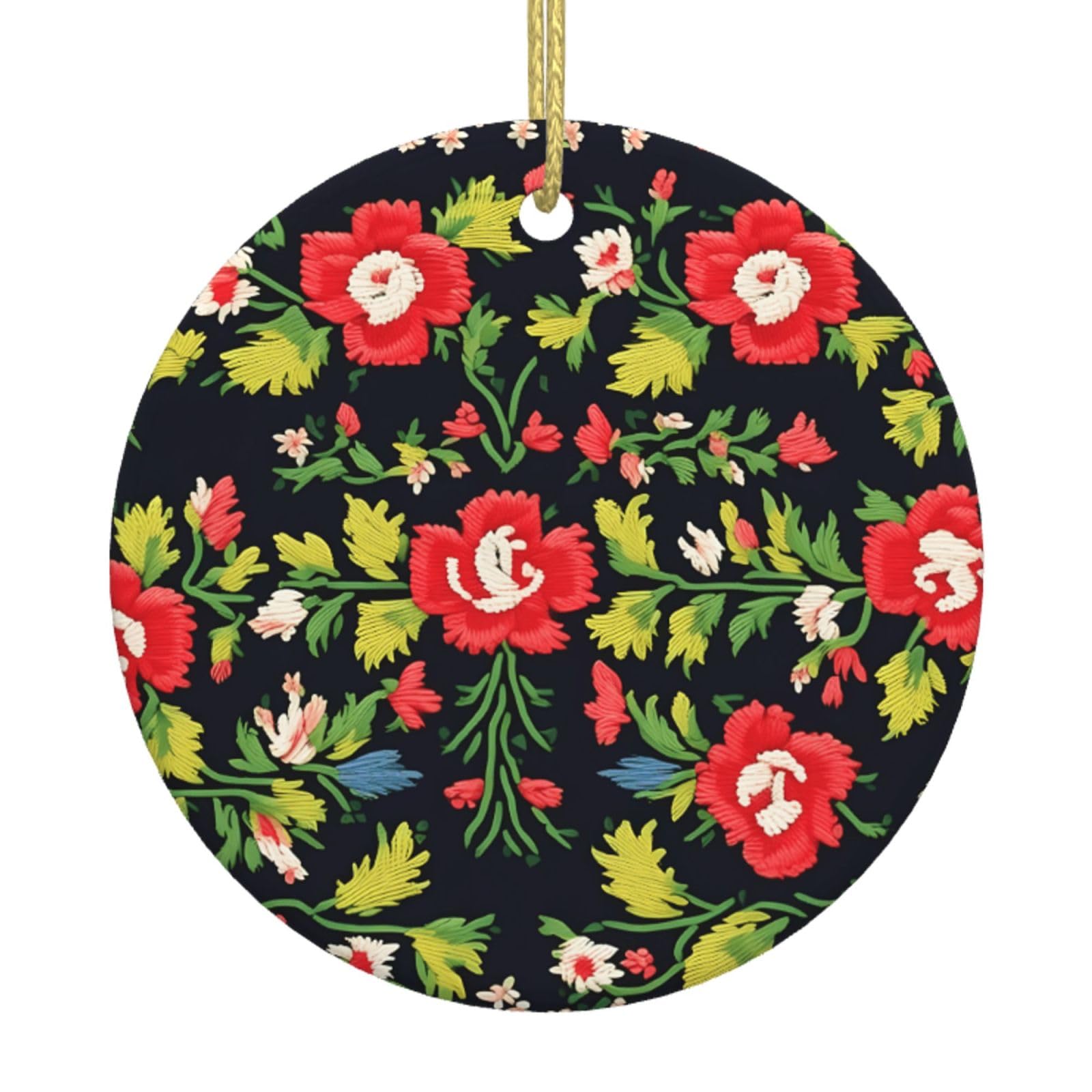 Ukrainian Embroidery Style Rose Print Christmas Ornaments, Ceramic Hanging Ornament, Round Shape Decorations