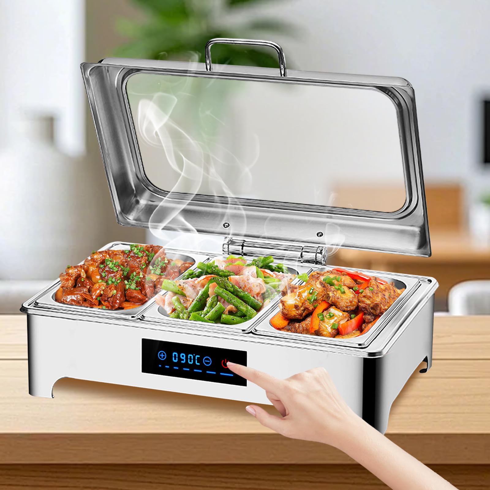 9L Chafing Dish Buffet, Scaldavivande Elettrico Professionale (1/3) | Scaldavivande Elettrico Buffet, Scalda Cibo per Buffet, Ristoranti, Hotel, Feste, Temperatura regolabile da 30-90 °C