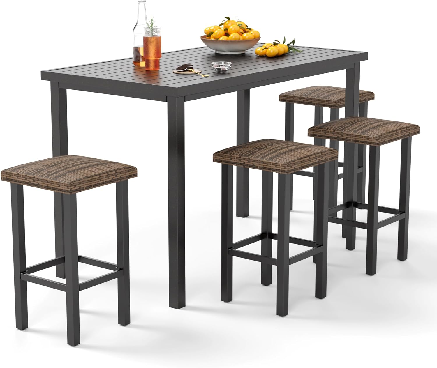 PHI VILLA 5 Piece Patio Bar Set, Black Wood Grain Metal Bar Table & 4 Wicker High Bar Stools, Bar Height Outdoor Dining Set for Porch, Yard, Deck, Poolside