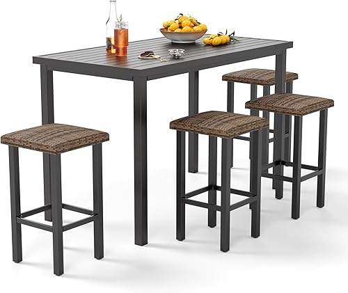 Miniatura 19 de PHI VILLA Mesa de bar alta para exteriores, mesa de comedor de 55 x 27 pulgadas de altura de mostrador con marco de metal similar a la madera