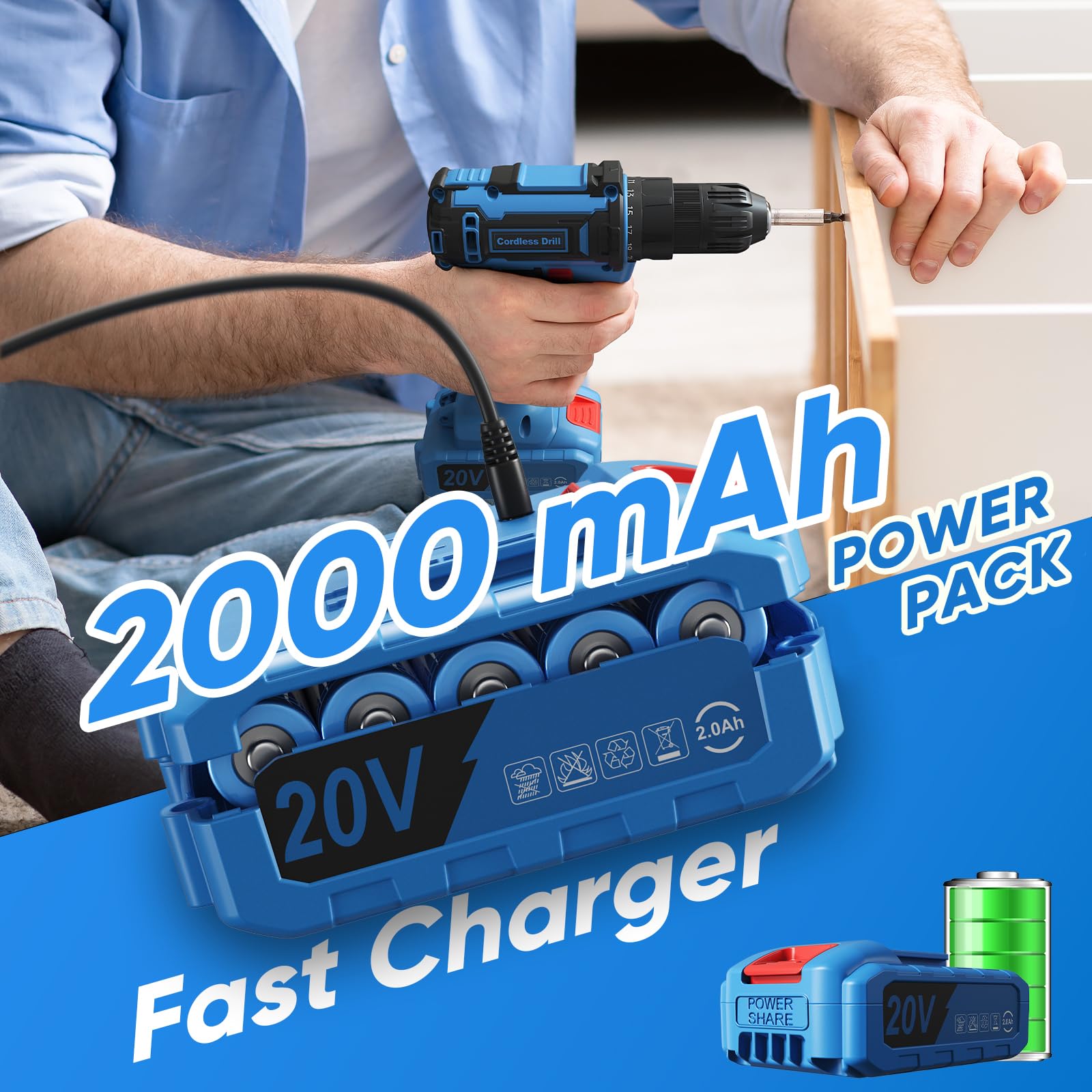 Set de perceuse sans fil, VIWKO perceuse électrique 20V avec bloc d'alimentation 2.0Ah et chargeur, mandrin sans clé de 9,5 mm, couple 25+1, 42 pièces de forets/vis pour projets DIY (Bleu)