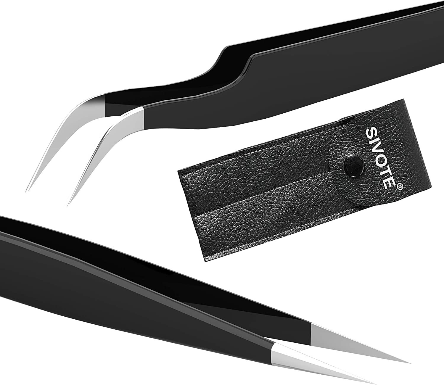 SIVOTELash Tweezers for Eyelash Extensions, Hand Calibrated Straight & Curved Tip, Pack of 2, Black