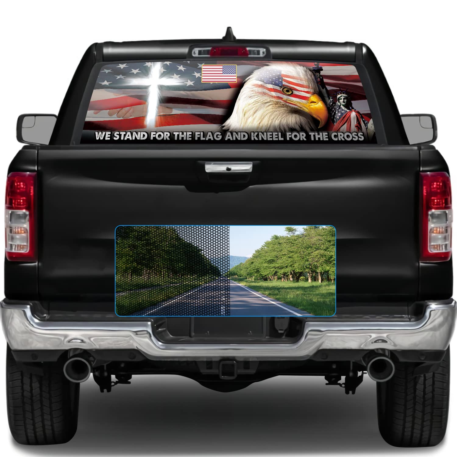 Oasisdream Personalise American Flag Eagle Cross Perforated Viny Rear Window Decals for Trucks Suvs Cars Universal Size 65" x 22"