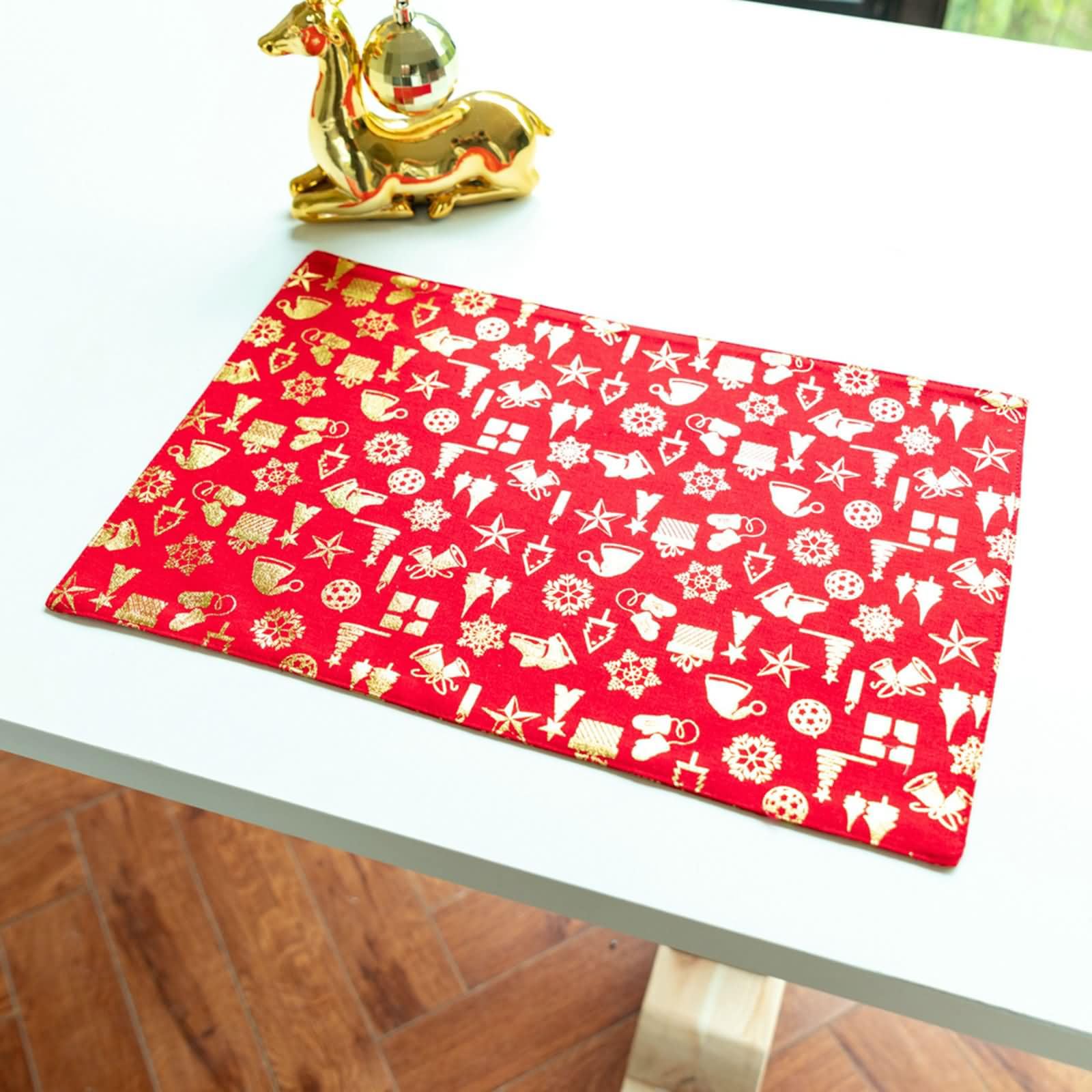 Decoraciones de Mantel Individual de 8 PCS,45 x 30 CM,Tapete Mesa Poliéster Patrón de Navidad Tapetes para Mesa Rectangular Rojo