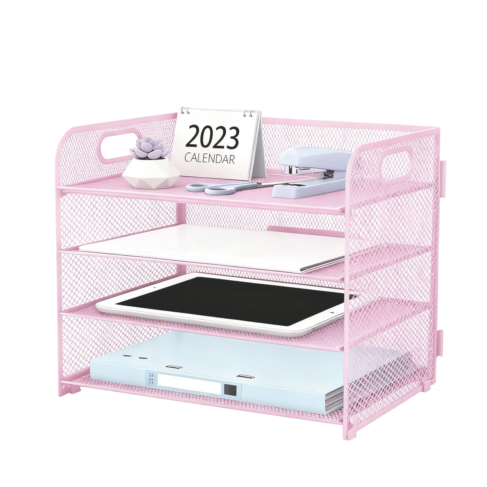 Eidoct Pink Mesh Desk Organiser Letter Tray, 4 Tier Letter Paper Tray With Handle, Paper Organizer For A4, For Desk Office Home A4 File Document Storage (Pink)