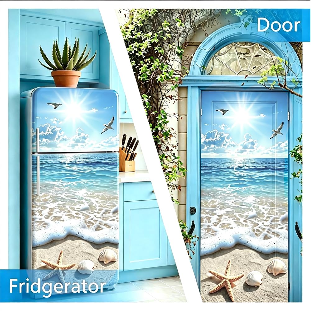 2 fogli Adesivi per Porta Frigorifero Tema Spiaggia Oceano Decorazione Murale Rimovibile Adesivo per Porta Frigorifero Modello Stella di Mare 3D per Casa Cucina Bar