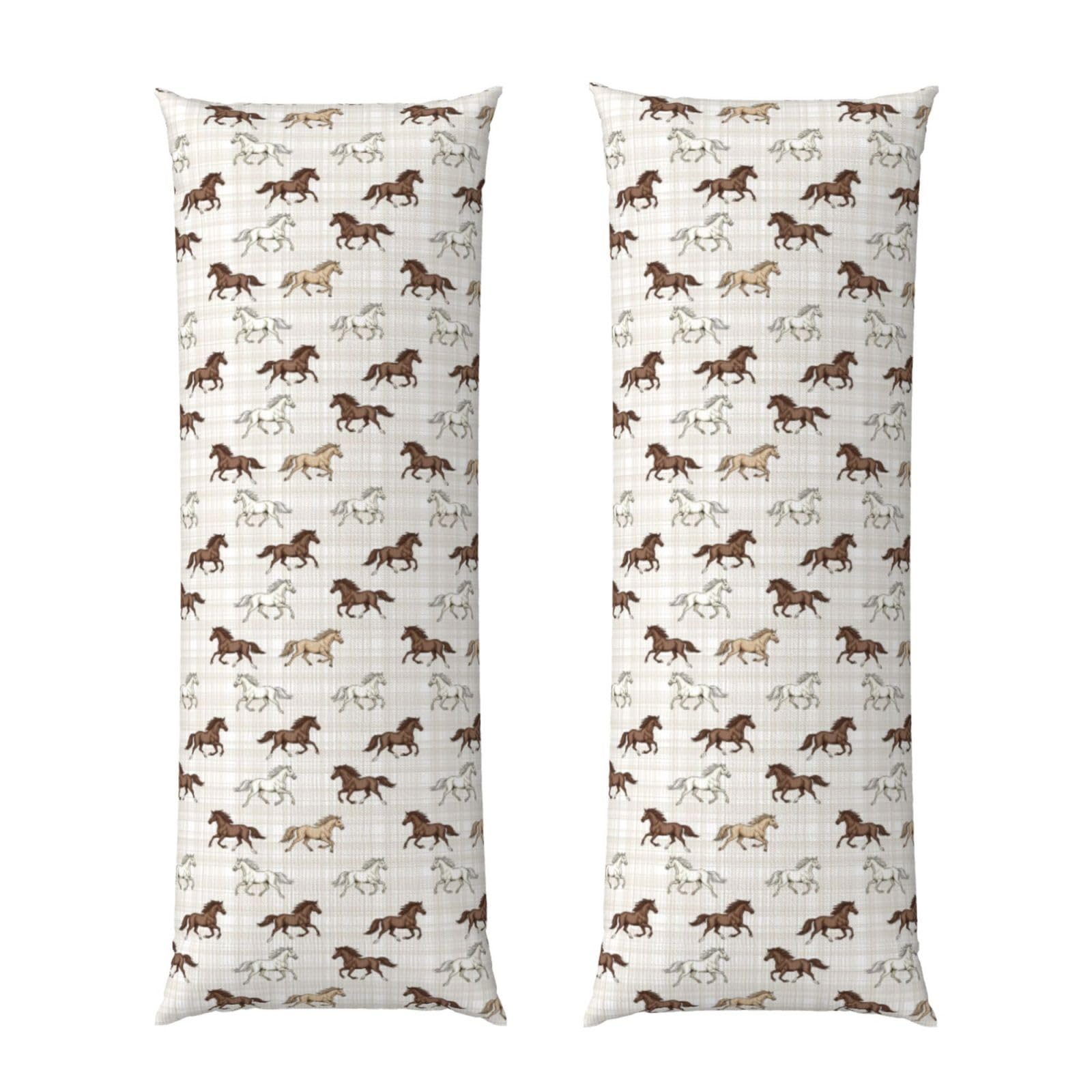 Body Pillow Cover 20x60 Running Beautiful Horses Checkered Pink Plaid, Decorative Zippered Pillowcase, Soft Cozy Flannel Fabric, Cushion Case for Couch Sofa Bedroom Home Decor