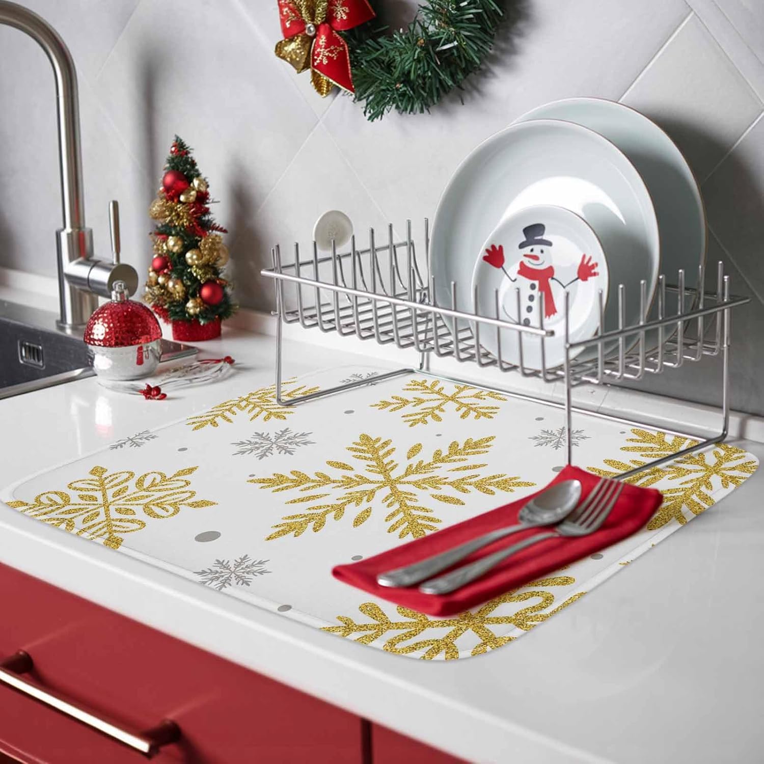 Winter Christmas Snowflake Dish Drying Mats for Kitchen Counter,Absorbent Microfiber Dish Drainer Rack Mat Gold Gray Snow on White Drying Pad for Sinks,Utensils,Countertops,18x24in
