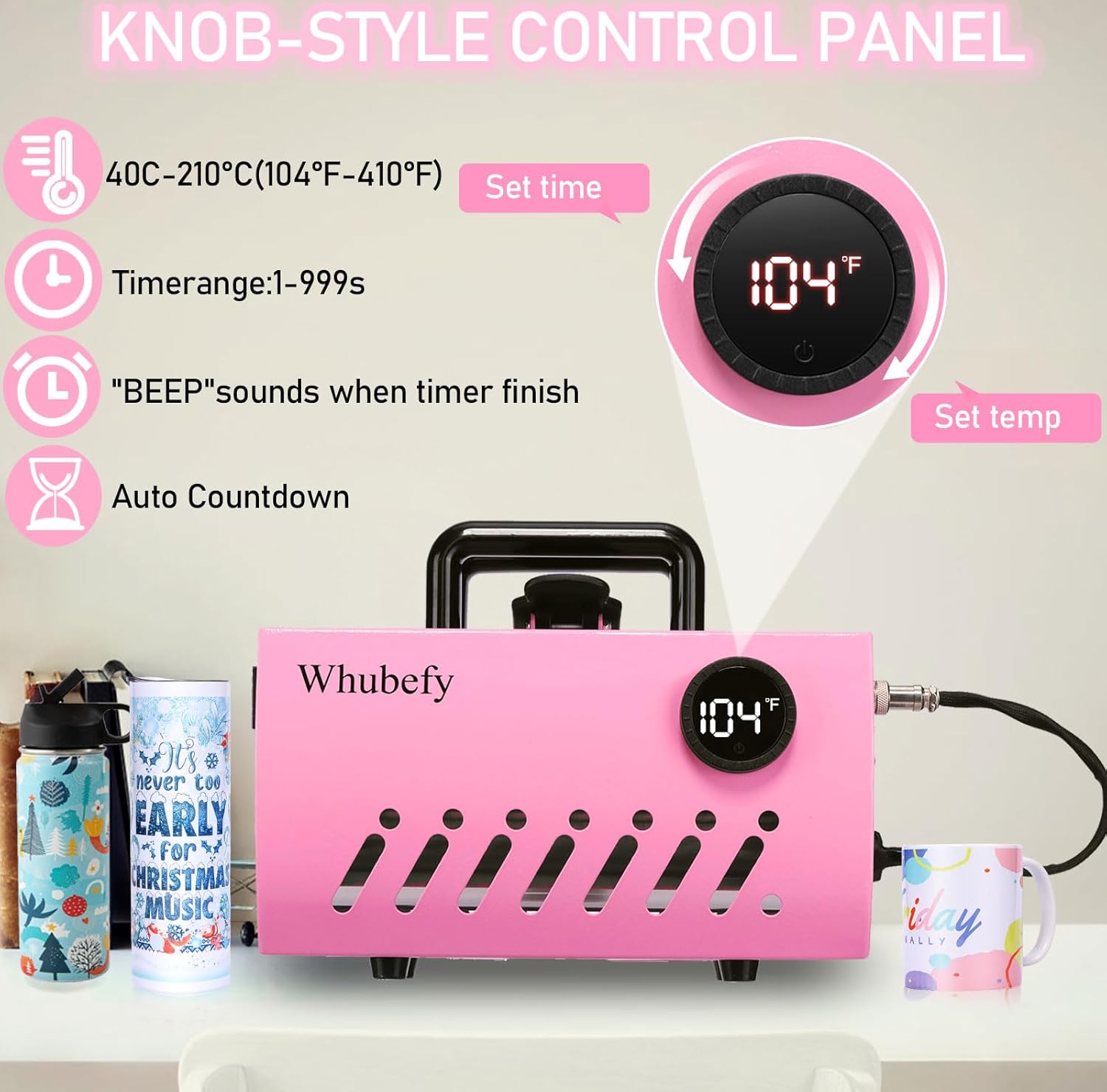 Whubefy Tumbler Heat Press Machine for 20oz-30oz Sublimation Straight Blank Skinny Tumblers, Pink Mug Press Sublimation Machine with Heat Paper/Tape/Gloves for 11-16OZ Ceramic/Glass/Coffee Mug Cup