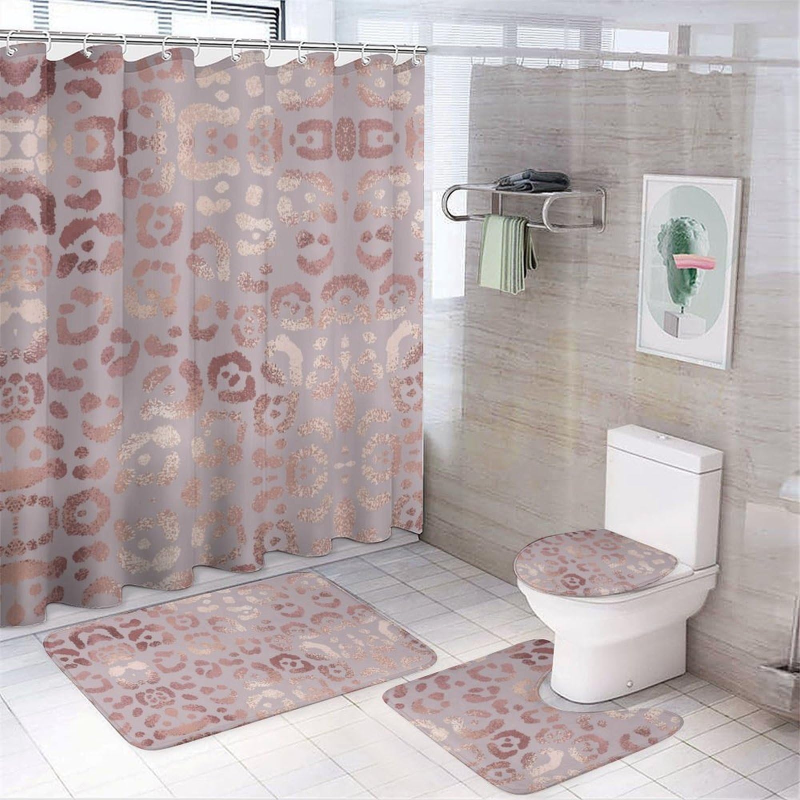 JiuPopular Bathroom Mat Set 4 Piece, Leopard Skin Rose Gold Shower Curtain with Non-Slip Bath Mats for Bathroom
