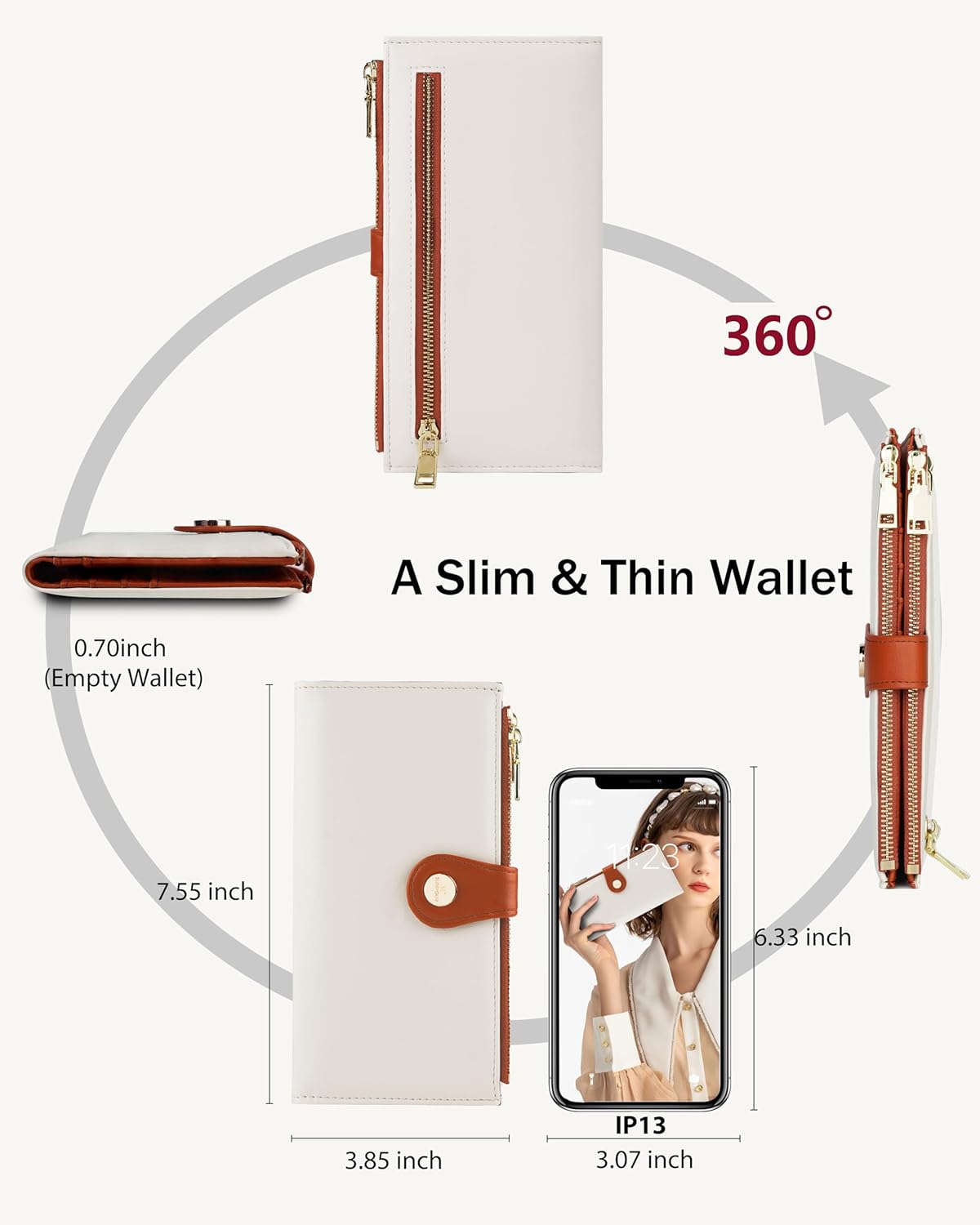 Women’s Wallet,Thin RFID Blocking Leather Wallet for Women Credit Card Holder Travel Wallet with Zipper Pocket (Beige) - Image 2