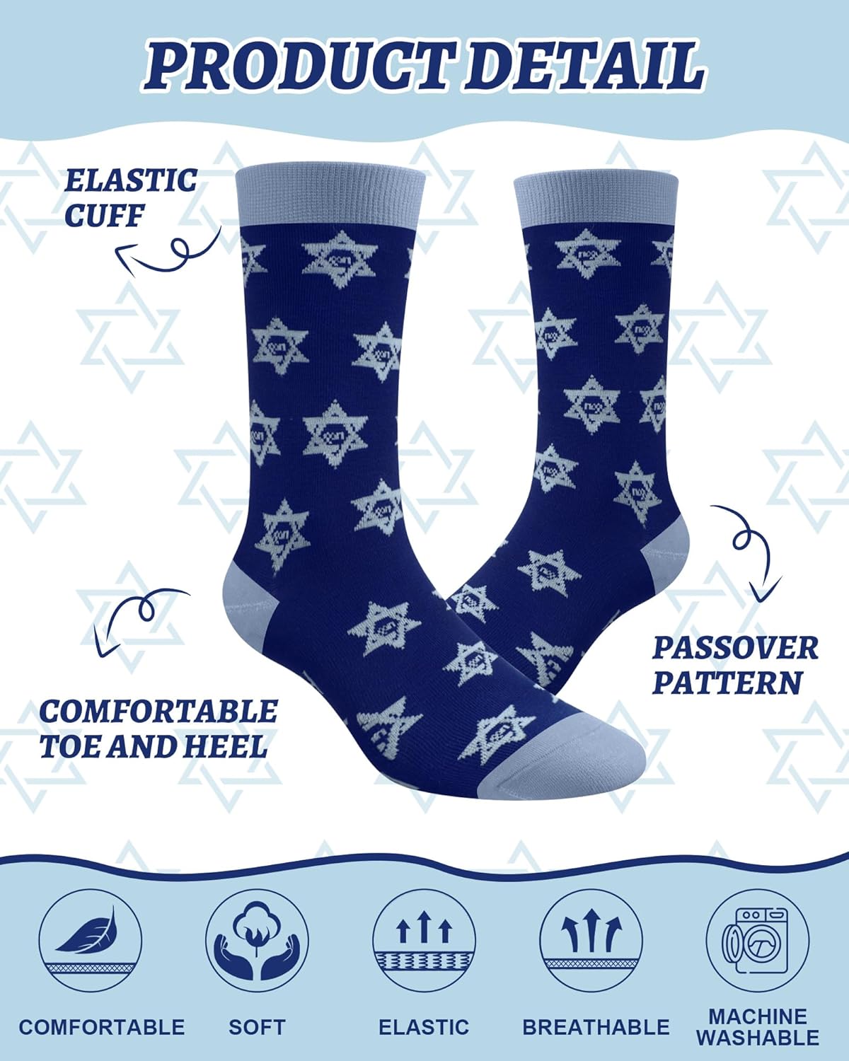 Eurzom 8 Pairs Novelty Passover Socks for Men Funny Blue Passover Matzah Crew Dress Socks Pesach Seder Gifts Jewish Holiday Party Favors Gift for Men Shoe Size 7-12 - Image 5