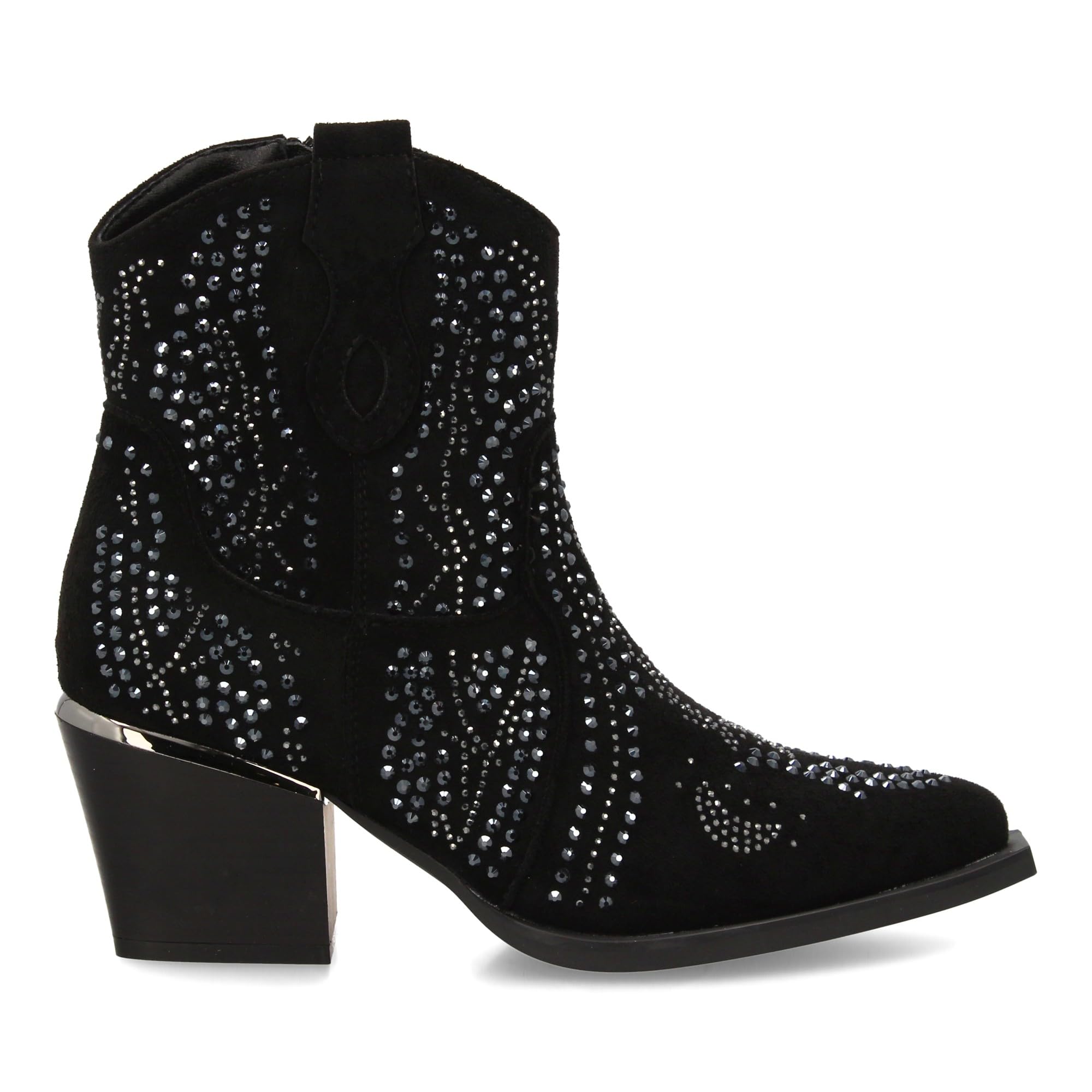 Botin de Mujer con Estilo Vaquero, Detalles Brillantes y Cierre Comodo. Diseno de Tachuelas Brillantes, Tacon Cubano.
