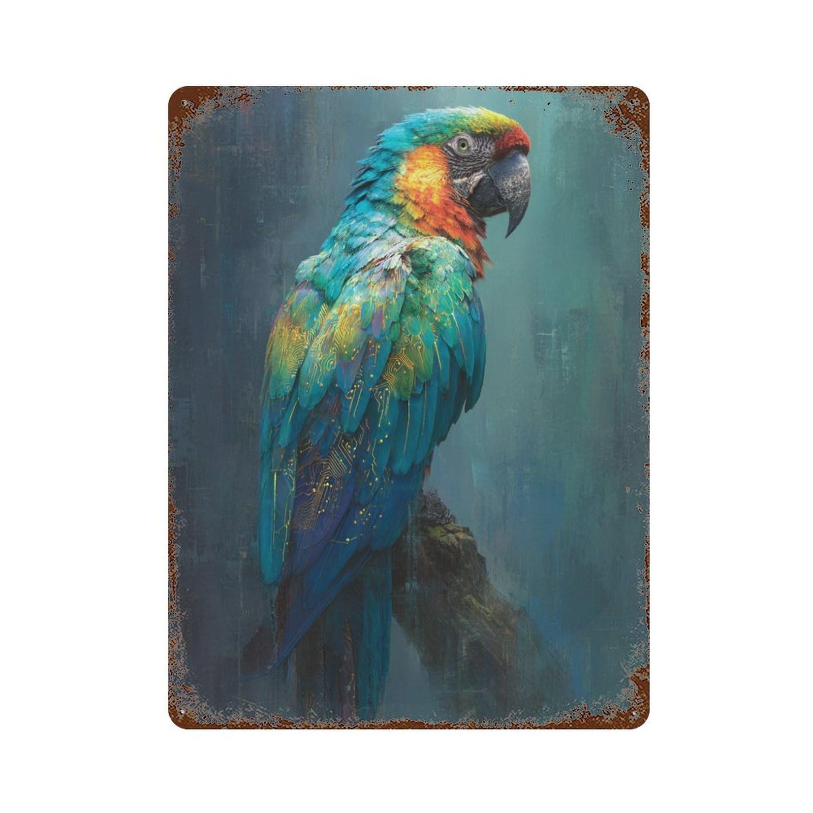 Rust Effect Cyber Parrot Tech Meets Nature Aged Metal Wall Plaque 15.7"x11.8", Industrial Home Decor for Cafe, Home Bar And Lounge Decor