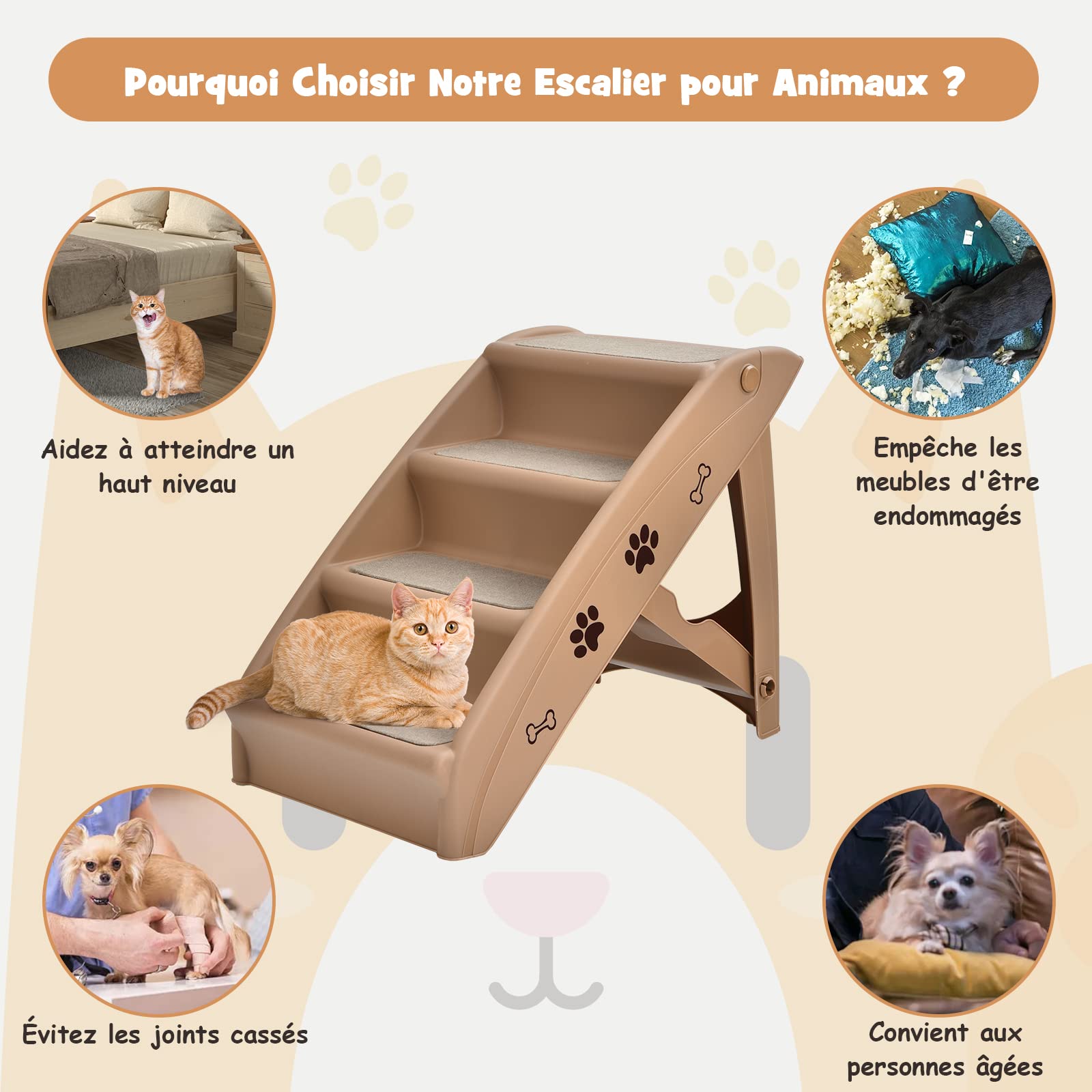 COSTWAY Escalier pour Chien Pliant à 4 Marches en Plastique Charge 60KG 64 x 39 x 49 cm Feutre Doux Structure Triangulaire Echelles pour Chiens et Chats (Café)