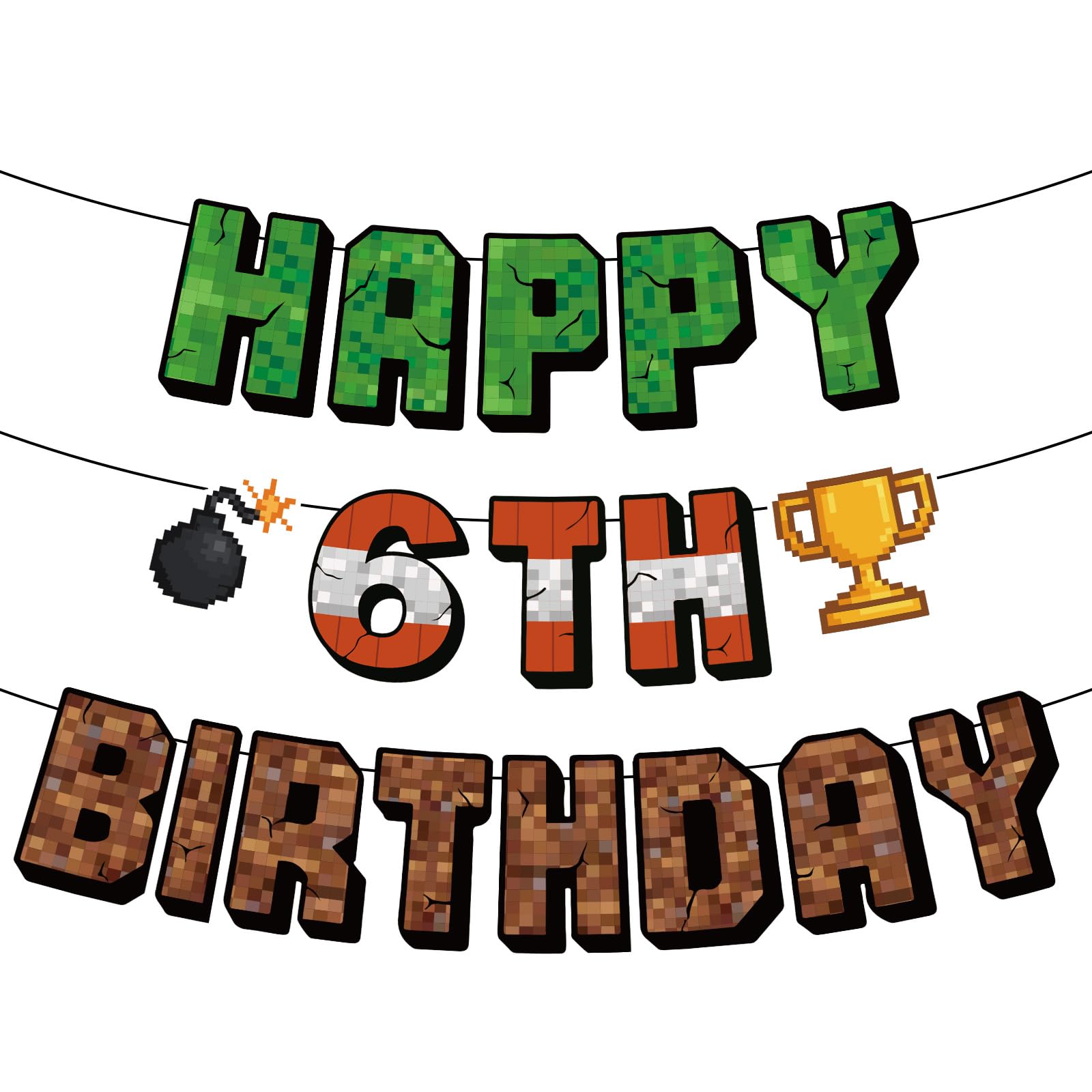 SAVITA Pixel Happy Birthday Banner, Pre-Strung Cartoon Game Theme Birthday Decoration Hanging Sign Wall Decor for Kids Boys Girl Home Gaming Party Photo Backdrop (6th)