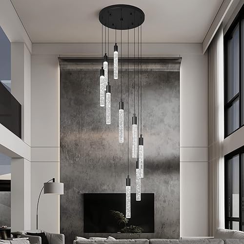 Miniatura 4 de Candelabro moderno de 9 luces para sala de estar, lámparas colgantes de techo de cristal negro, LED, regulables, 54 W, 6000 K, escaleras, grandes