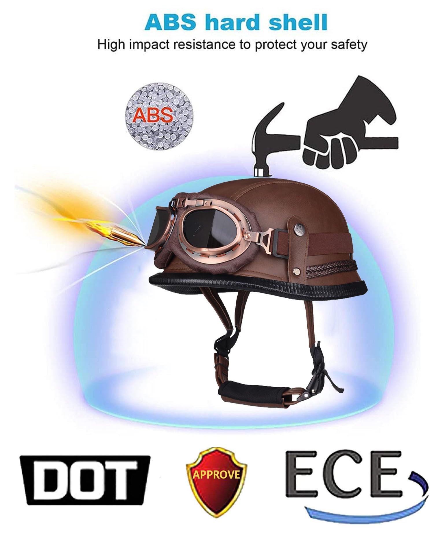 Półskórzany kask motocyklowy w stylu niemieckim, kask retro z otwartą twarzą, zatwierdzony przez ECEDOT, z regulowanymi goglami z szybkozłączką do skutera rowerowego Cruise