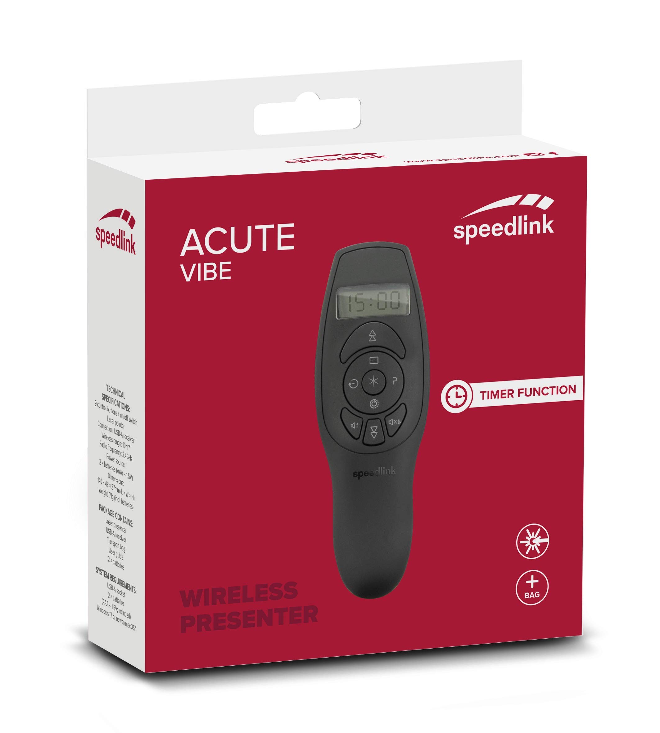 Speedlink ACUTE VIBE Presenter - kabellos mit integriertem Laserpointer und Timerfunktion - 10 Meter Reichweite, schwarz