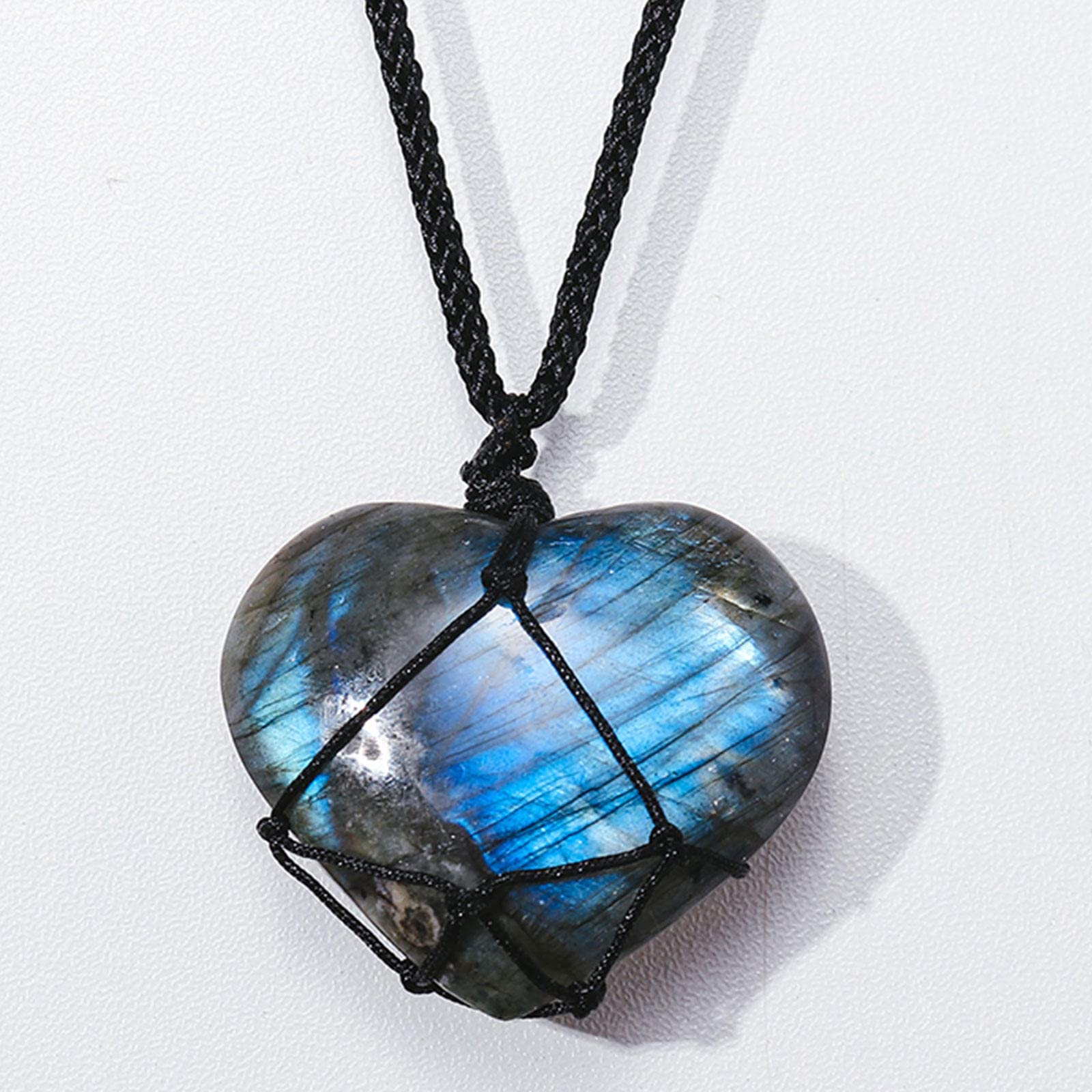 Collar de Cristal de corazón de labradorita Natural Colgante de Chakra curativo con Cuerda Tejida a Mano Colgante de Piedra curativa de Piedra Lunar de Piedra de Palma de labradorita