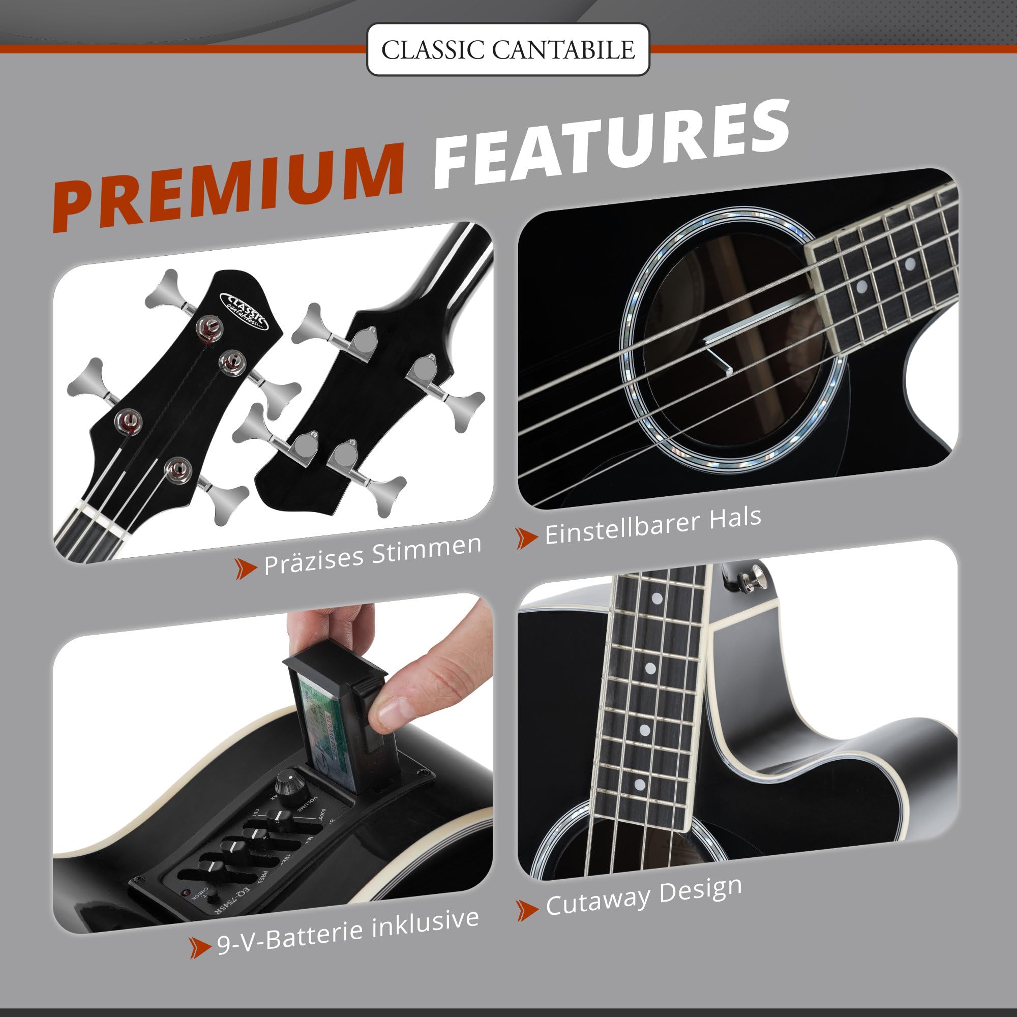 Classic Cantabile Short Scale Akustik Bass - 4 Saiten - Black Gloss Finish - Piezo Tonabnehmer & Cutaway - Decke aus Fichte - Boden & Zarge aus Okoume - Ideal für Einsteiger & Unplugged Sessions