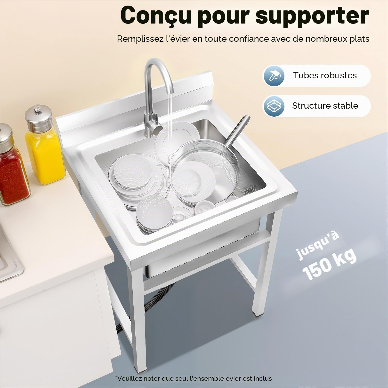 Évier en acier inoxydable, évier de cuisine, 1 bassin, évier mobile, éviers de cuisine autonomes, lavabo à main, pour bars, restaurants, cuisines, buanderies