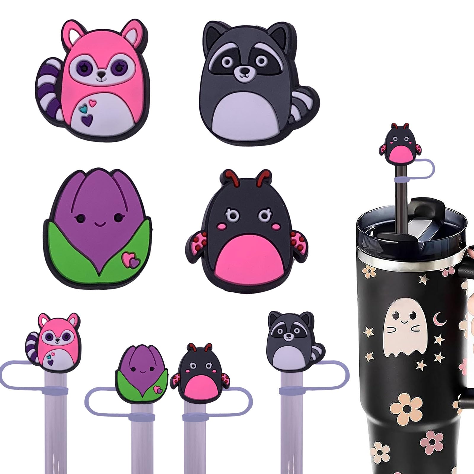 Cute Silicone Straw Covers Cap for Stanley Cup,10 mm Cartton Straw Cover,Stanley Cup Accessories for 40&30 Oz,Dust-Proof Drinking Straw Reusable Straw Tips Lids- XH-807-04-07-4