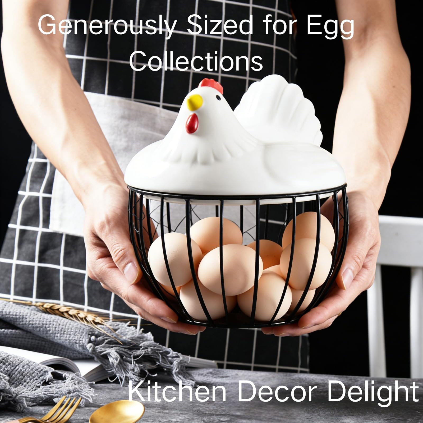 Cesta de cerámica para huevos para 15 huevos, estuche organizador, almacenamiento de hierro para cocina, cocina, verduras, frutas, decoración de gallina, ideal para el hogar y restaurante