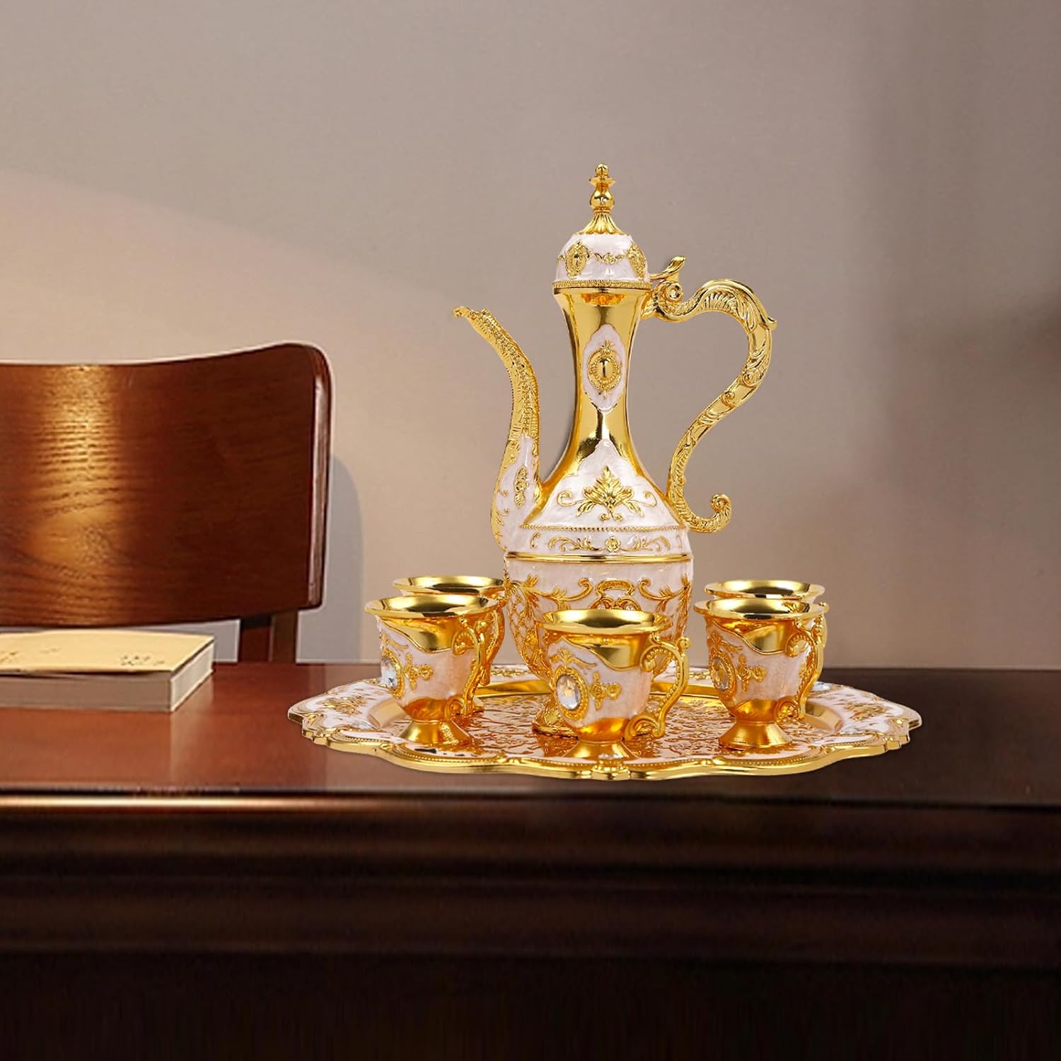 Vintage Tea Set, Turkish Tea Set, Vintage Turkish Coffee Set with Pot and 6 Cups, Tea Service Set Including Teapot,Cups,Tea Tray, for Living Room, Dining Room, Bedroom, Coffee Shop (White)