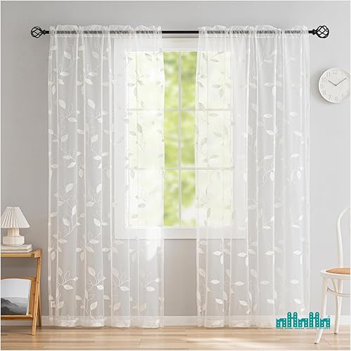Miniatura 3 de NHNHN Juego de 2 paneles de cortinas traslúcidas de 63 pulgadas de largo, paneles de cortina de gasa semitransparentes bordados, cortinas