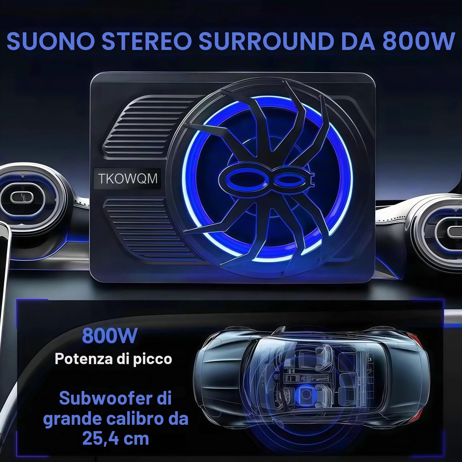 Subwoofer per Auto, 10" 800W Sottile Sotto il Sedile Powered Subwoofer, Built-in Car/pista Amplificatore Audio con luce Ambientale a LED blu