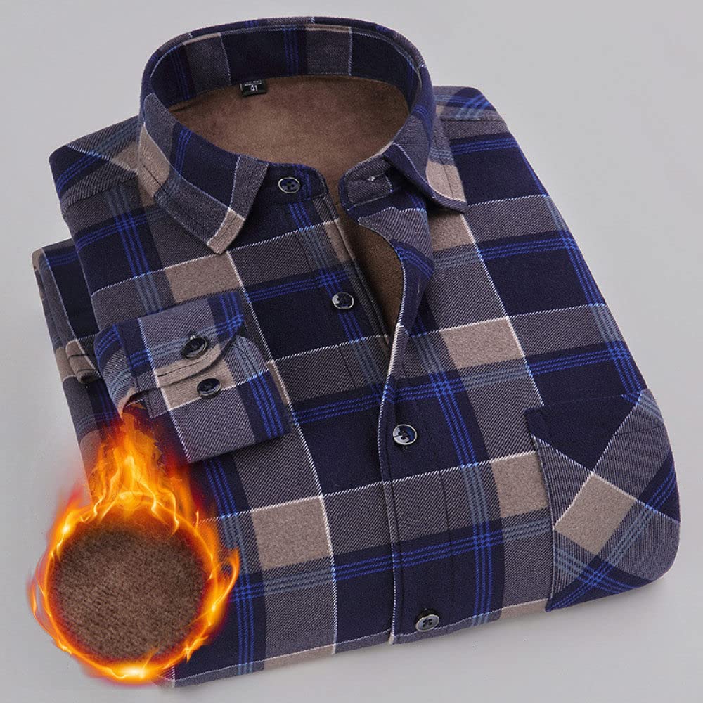 HGJH Herren Hemden,Herren Langarmhemd Fleecejacke Normaler Schnitt Freizeit Gitter Braun Blau Button-Down Thermohemd Futter Holzfällerhemd Bequem Lässiges Arbeitshemd Für Herren Jungen