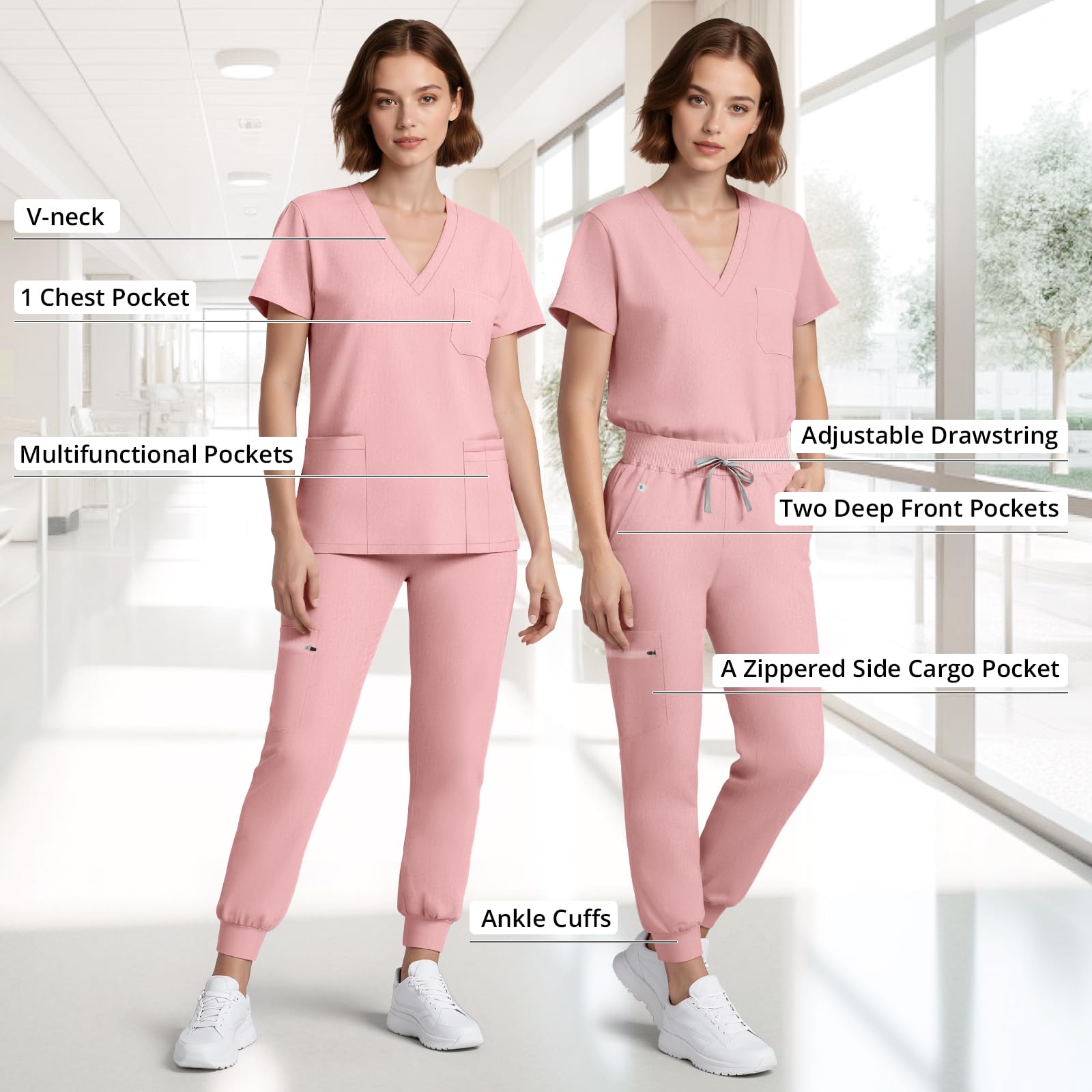 Set di scrub medico da donna, 4 direzioni, divisa medica, con scollo a V classico e pantaloni da jogging per yoga, set di uniformi mediche per infermieristica