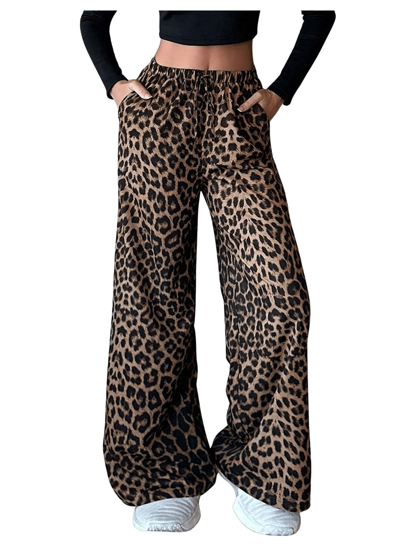 GORGLITTER Womens Leopard Cheetah Print Pants Baggy Wide Leg Flare Pants with Pockets
