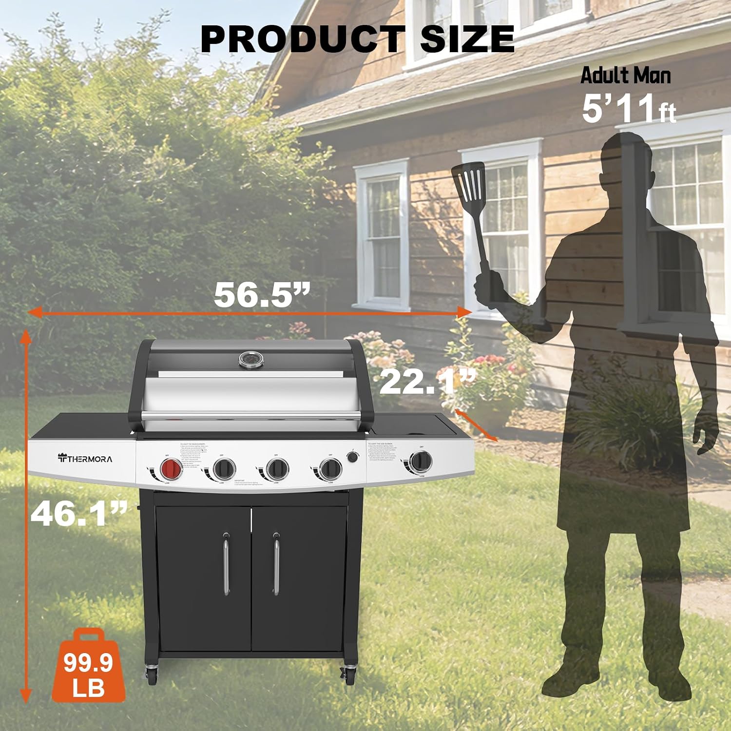 5 Burners Propane Gas Outdoor Grill 62,000 BTU, Side Burner, 645 Sq.in, Porcelain-Enameled Grates, Stainless Steel Propane Grill Outdoor Cooking, Patio Garden Family Barbecues Party