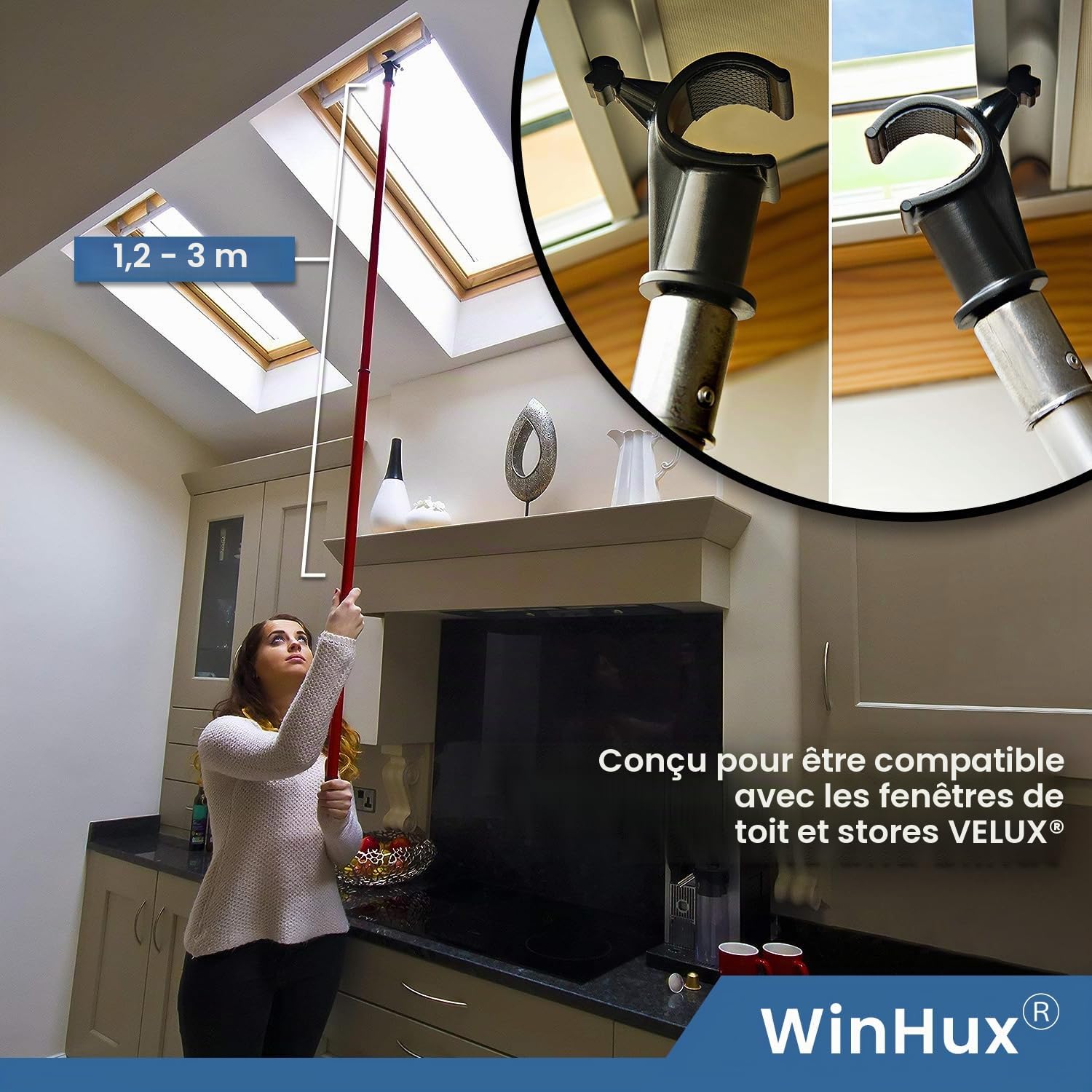 WinHux Perche Télescopique 1,2-3,0 m Verrouillage à Rotation — Ouvre-Fenêtre de Toit, Crochet Antidérapant, Commande de Store, Compatible avec Velux, Keylite, Fakro et Rooflite