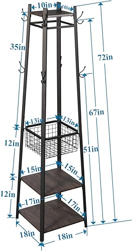 Miniatura 6 de VECELO Perchero independiente, soporte de ropa de entrada con cesta de metal y 2 estantes, árboles de pasillo mejorados con 8 ganchos dobles para