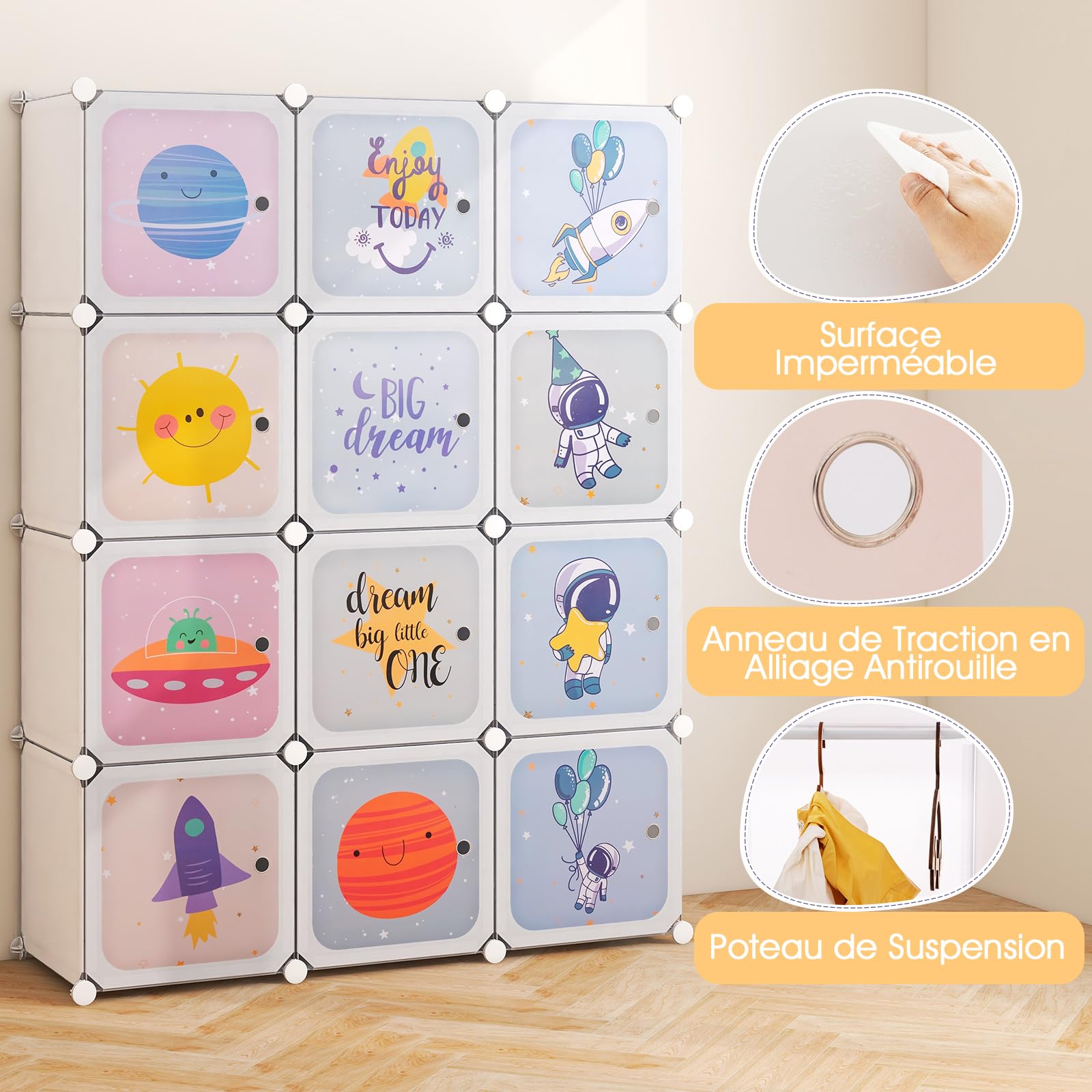 DREAMADE Meuble de Rangement Enfant 12 Cubes,Armoire Modulable Enfants avec Portes&Tringle à Vêtements,Étagères Motif Mignon pour Chambre d'enfants,107x36x142CM (Blanc-Espace)