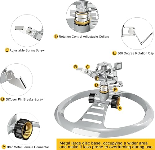 Miniatura 5 de ESOW Rociador pulsante de metal con base de metal resistente, rociador de césped de jardín giratorio de 360 grados con patrón de pulverización