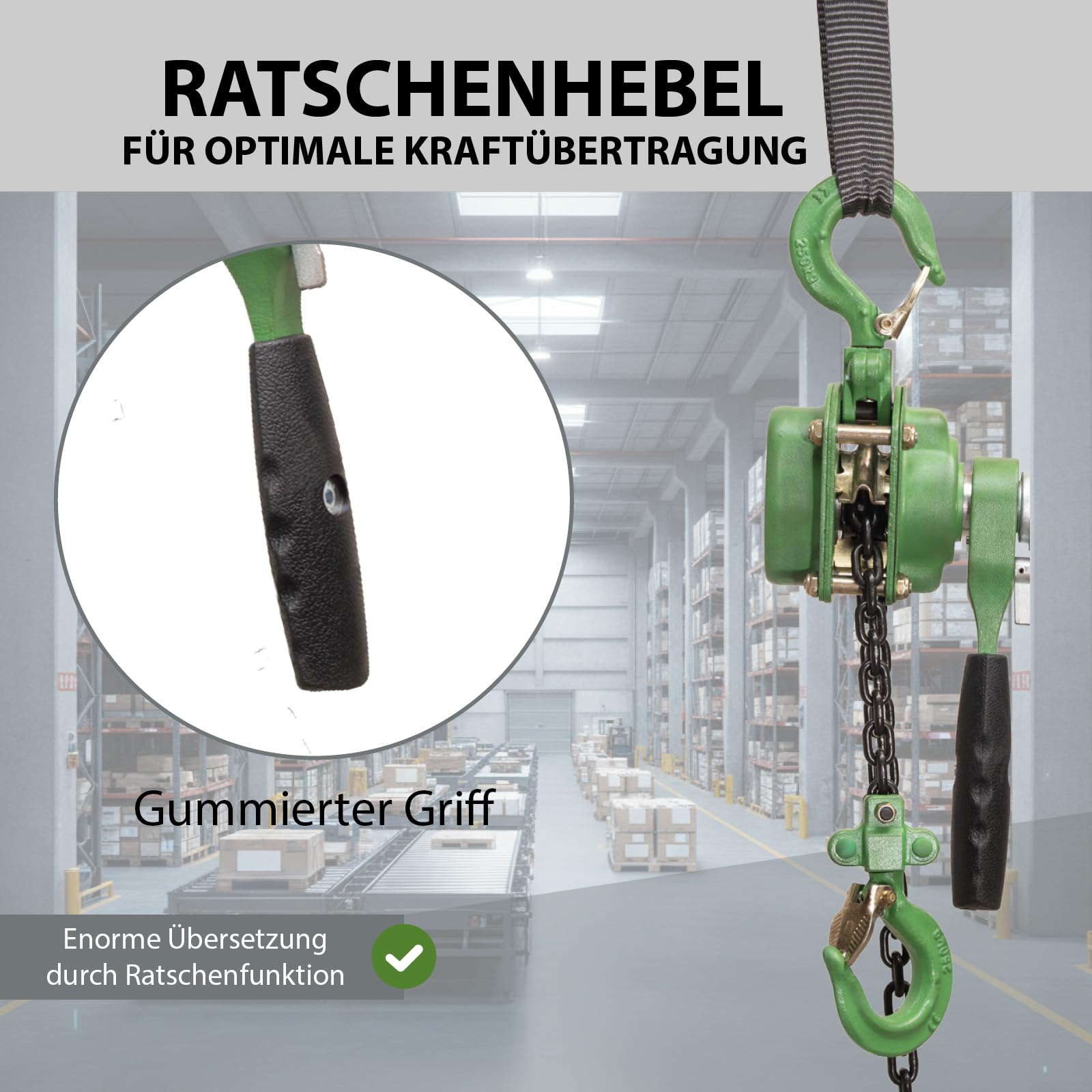 TRUTZHOLM Ratschenzug 250 kg 1,5 m Hubhöhe mit öliger Kette kompakter Hebelkettenzug zum Heben, Ziehen und Spannen für Werkstatt, Montage und Baustelle mit Sicherheitslaschen und Präzisionsratsche